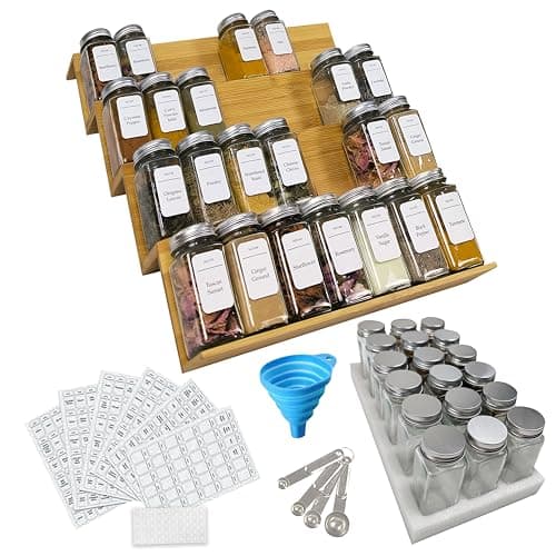 Spice Drawer Organizer with Jars and Labels, Bamboo Spice Rack For Drawer, Spice Organization For Cabinet Drawer, Spice Organizer For Drawer, Bamboo Drawer Organizer, Spice Organization For Drawer
