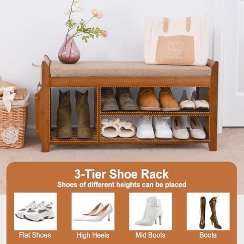 PETKABOO Shoe Bench with Hidden Drawer and Side Holder, 2 Tier Entryway Bench with Storage 39.4 in, Bamboo Shoe Rack with Cushion for Entryway Hallway Living Room Bedroom 8