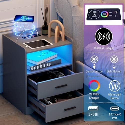 dnbss Grey Night Stand with Wireless Charging Station, Nightstand with 2 Drawers, Smart Bedside Table with 24-Color RGB Lighting, Modern LED Lighted Nightstand for Bedroom 3