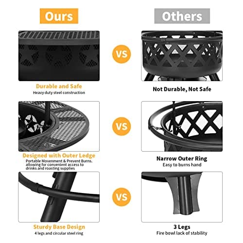 Hykolity 35 Inch Fire Pit with 2 Cooking Grate & Charcoal Pan, Outdoor Wood Burning BBQ Grill Firepit Bowl with Cover Lid, Steel Round Table for Backyard Bonfire Patio Picnic 6