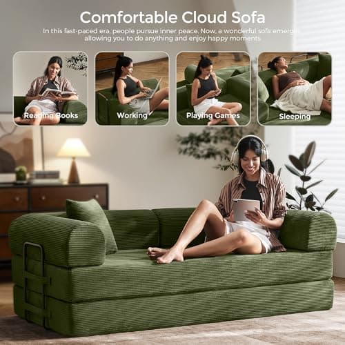 79" Convertible Sofa Bed with Fixed-Shape Frame & Removable Armrests, Modular Corduroy Sleeper Sofa, Folding Mattress Couch for Small Spaces - No Assembly Needed in Green (Includes 2 Pillows) 8
