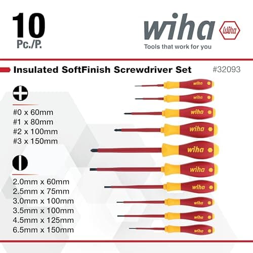 Wiha 32093 Slotted and Phillips Insulated Screwdriver Set, 1000V, 10-Piece, Slotted 2.0–6.5mm, Phillips #0–#3 6