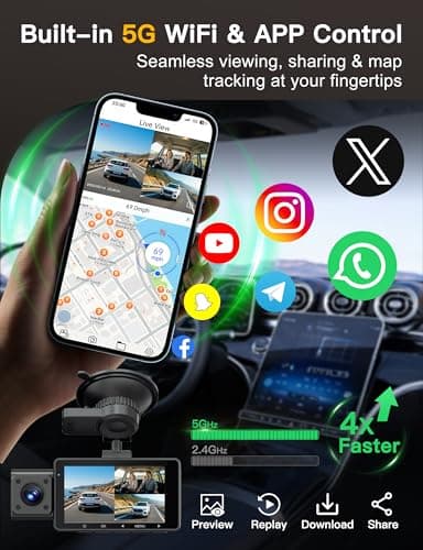 QCONTROL® 4K 5G WiFi 3 Channel Dash Cam Front and Rear Inside, 4K+1080P+1080P Dash Camera for Cars, GPS Dashcam, Car Camera with 3-Inch Screen, IR Night Vision, 24Hr Parking Mode, G-Sensor, 64GB Card 5