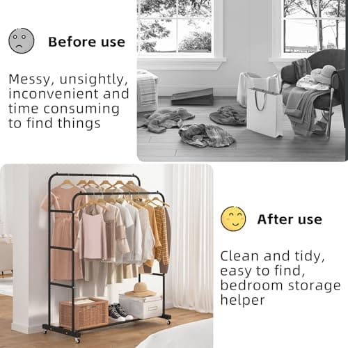 Laiensia Double Rods Clothing Rack with Wheels, Garment Rack for Hanging Clothes, Multi-functional Bedroom Clothes Rack, Black 7