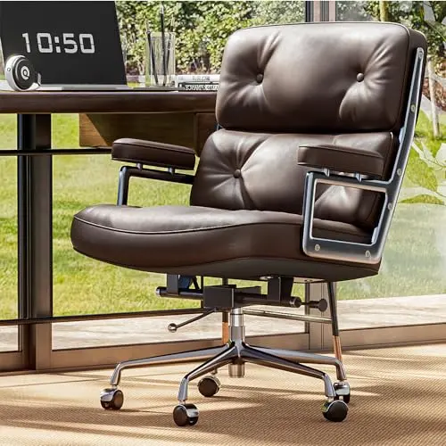 Genuine Leather Office Chair, Mid Back Executive Desk Chairs with Aluminum Arms and Wheels, Swivel Office Leather Chair with Thickened Backrest and Ergonomic Lumbar Support, Brown
