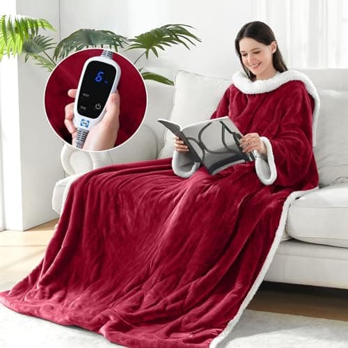 Sealy Electric Blanket Wearable with Foot Pocket, Electric Snuggle Blanket with Sleeves, Flannel & Sherpa Heating Throw with 6 Heat Settings & 2-10 Hours Auto Shut Off, 50 * 70"+18", Red