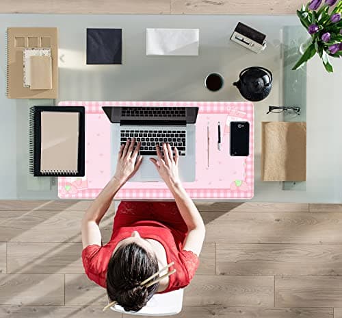Cute Pink Plaid Desk Mats Strawberry Milk Gaming Desk Pad, Kawaii Extended Mouse Pad Kawaii Large Keyboard Mats XXL, Laptop Mat for Desk, Desktop Mat Mousepad Office Decor for Women 31.5"x15.75" 5