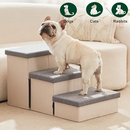 Love's cabin Dog Stairs for High Bed 18" H, Foldable Pet Stairs for Small Medium or Large Dogs Puppy with Storage for Bed or Couch, Cat Dog Steps Ramp with Zip up to 200 lbs, Light Grey, 3 Steps 7