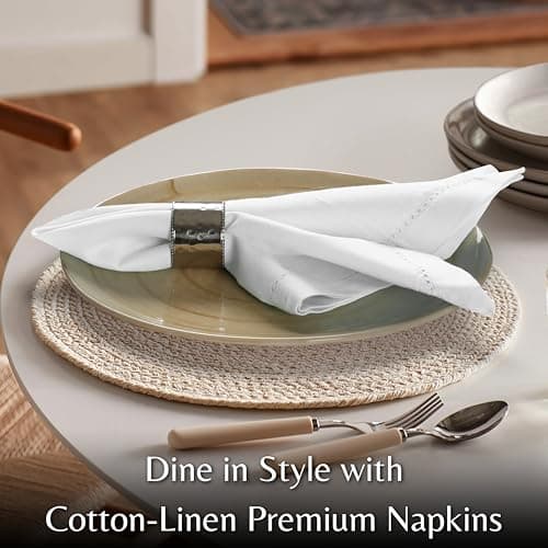 Ramanta Home Decorative Cloth Dinner Napkins Set of 12, 20x20 Inch White Hemstitched Flax Cotton Napkins with Mitered Corners, Oversized Use, Parties, Weddings, Spring, Easter Cloth Napkins 4
