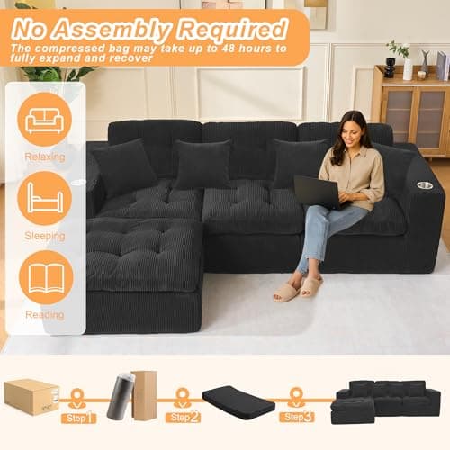 Modular Sectional Sofa with L-Shape Chaise, 102" Cloud Sectional Couch with Deep Seat, 3 Seat Modular Sofa Memory Foam, Upholstered Boneless Couches for Living Room, No Assembly Required, Black 6