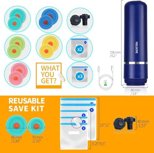 HSLGOVE Vacuum Sealer, Handheld Electric Mason Jar Vacuum Sealer Kit, Portable Food Sealer for Canning & Meal Storage, Includes 5 Reusable Bags, 10 Jar Lids & 2 Wine Sealers MatteBlue 5
