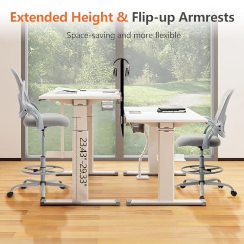 Sweetcrispy Tall Drafting Office Desk Chair - Ergonomic High Stool Computer Chair with Adjustable Height and Comfy Lumbar Support, Rolling Counter Height Chairwith Flip-up Arm and Footrest, Grey 7