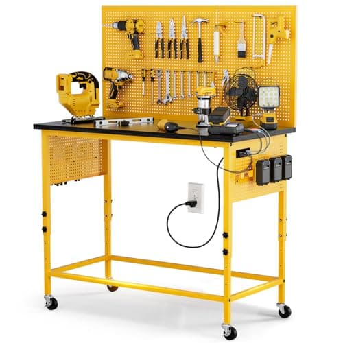 Work Bench, Ferreteriai 47" Heavy Duty Workbench with Power Outlet & USB-C, Exclusive Yellow Side Battery Holder, Adjustable Height, 2100LB Capacity, Locking Wheels for Garage Workshop
