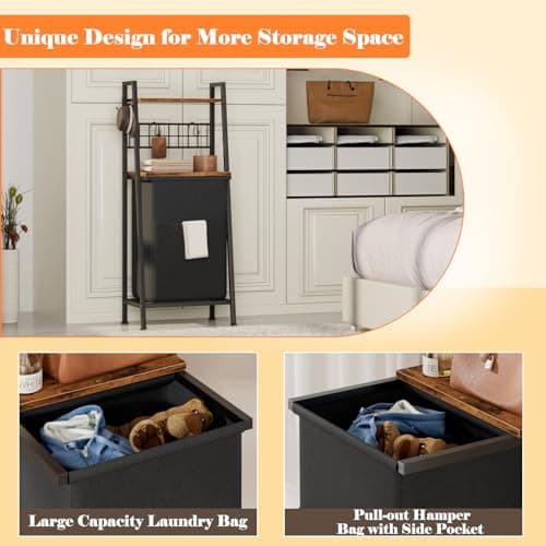 Furnulem Laundry Hamper, Vertical Laundry Basket with 2 Tiers Wooden Shelf and Hooks, Clothes Hamper with Pull-Out and Removable Bag for Bathroom, Bedroom, Dorm, 13.21 Gallons (50L) 6
