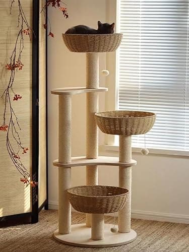 Felivecal 54" Modern Cat Tree for Large Cats, Wood Luxury Multi-Level Oak Solid Wood Cat Trees and Towers，w/3 Weaving Cat Nests & Washable Cushions, Sisal Scratching Posts, for Indoor Cats-Lacquered