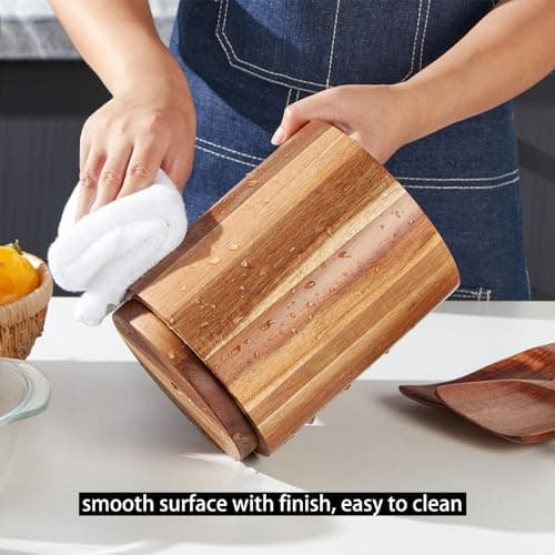 LOHONER Acacia Wood Utensil Holder for Kitchen Counter, 360° Rotating 7.2" Wooden Cooking Utensil Crock for Countertop, Farmhouse Kitchen Decor 6