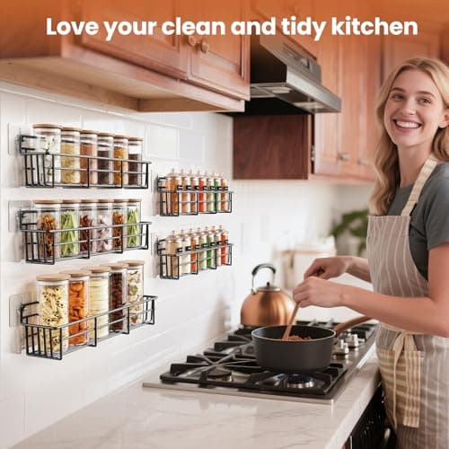 Mystozer 5 Pack Spice Rack Seasoning Organizer Wall Mount, Screw or Adhesive Hanging Shelf Basket Spice Organizer Shelf for Kitchen, Black 7