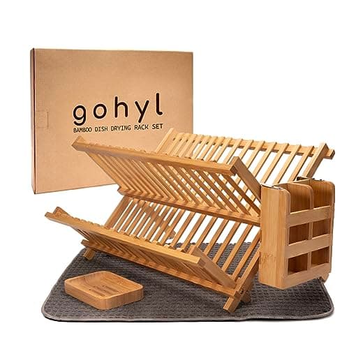 gohyl Kitchen Dish Drying Rack for Counter - Bamboo Wooden Collapsible Dishes 2 Tier Small Strainer Dishrack 8