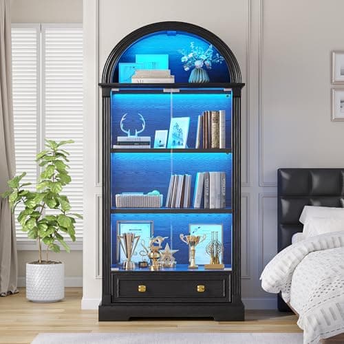 TAGELIER Display Cabinet with Glass Doors, 72" Tall Arched Curio Cabinet with Human Sensor Lights, 4-Tier Glass Display Case for Collectibles Bookcase Living Room Office, Black
