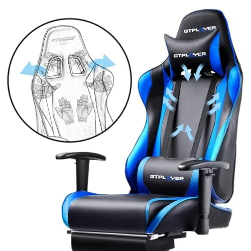 GTPLAYER Gaming Chair with Footrest, Ergonomic Computer Game Desk Chair, Reclining Game Chair Seat Height Adjustment, Swivel Rocker with Headrest and Lumbar (Blue) 5