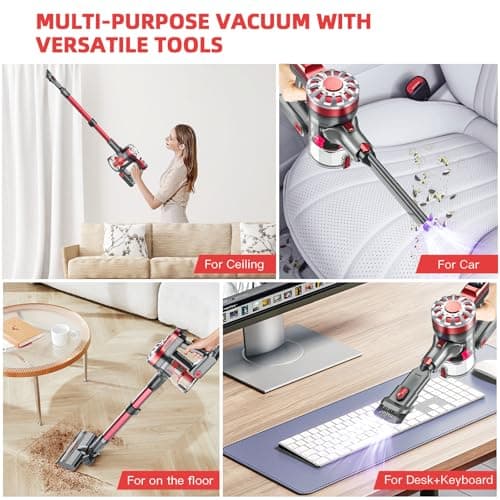 WLOTPO Cordless Vacuum Cleane,Stick Vacuum Cordless Rechargeable with Super Suction,Hardwood Floor Vacuum for Home Pet Hair, Carpets, Tile(Deep Red) 7