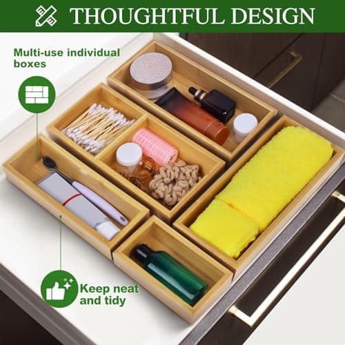 Bamboo Drawer Organizer Set, 5 PCS Multi-Use Individual Wood Storage Organizers, Junk Drawer Divider and Storage Trays Containers for Kitchen, Bathroom, Office Desk, Makeup, Jewelry, Utensils 6