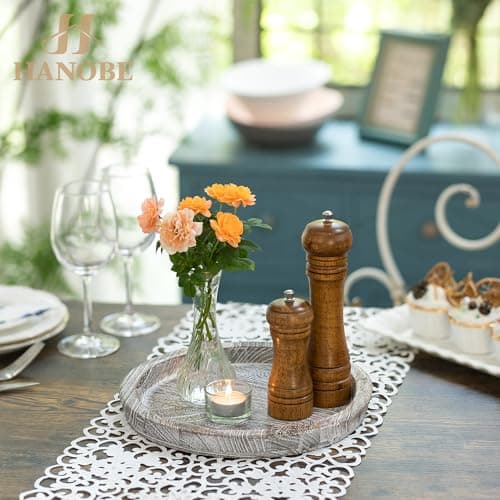 Hanobe Decorative Tray for Coffee Table: Round Candle Plate Holder Centerpieces for Dining Room Kitchen - Wooden Farmhouse Tray Vintage Home Decor 8