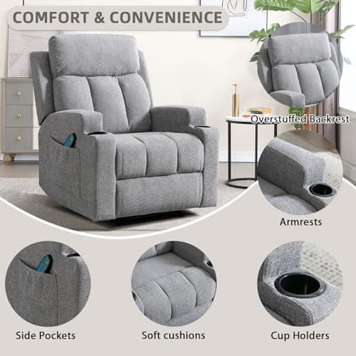 Phoenix Home Manual Recliner Chair with Massage and Heat Ergonomic Overstuffed Breathable Fabric Reclining Chair with 2 Side Pockets, 2 Cup Holders, Remote Control, Living Room, Bedroom, Gray 6