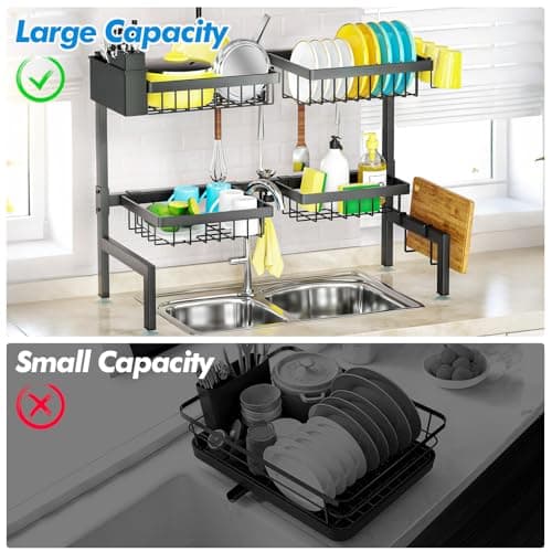 SNSLXH 4 Baskets 2-Tier Over The Sink Dish Drying Rack, 26.57"-35", Large Sink Rack for Kitchen, Extensible and Adjustable, Saving Kitchen Space 6