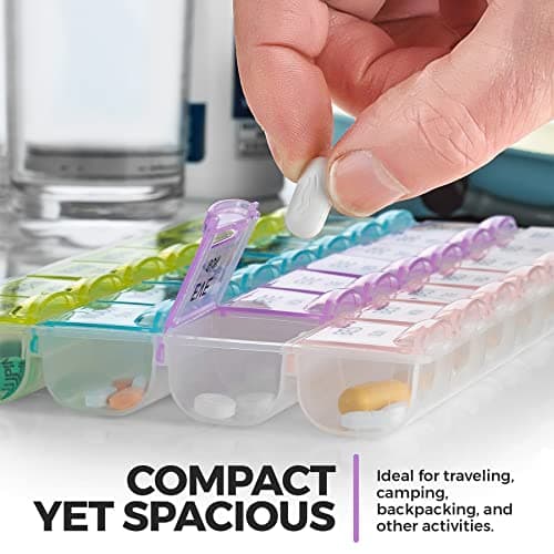Pill Organizer - Large Pill Organizer with Weekly and Daily 4-Times-A-Day Compartments for Morning, Noon, Evening, Night - BPA-Free, Portable and Travel Friendly Pill Boxes Case 6