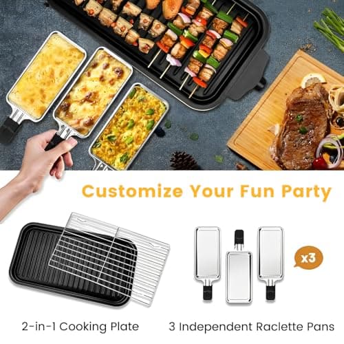 Electric Indoor Grill 1500W, YOHAWJAN 2 in 1 Smokeless Indoor Grills with Non-stick Removable Grill & Griddle Plate, Temperature Control, Portable Korean BBQ Grill with 3 Raclette Cheese Pans 5