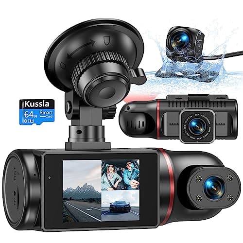 Kussla Dash Cam Front and Rear Inside, 1080P 3 Channel Dash Camera for Cars with 64GB Card, Super Night Vision Dashcam, Car Camera with Loop Recording, G-Sensor, WDR, 24H Parking Monitor