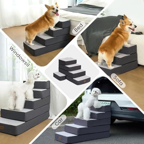 Garnpet 5-Step Adjustable Dog Stairs for High Beds, Dog Steps for Small Dogs and Cats, Foldable Pet Stairs for Bed Climbing, Non-Slip Pet Step Indoor, Grey 5