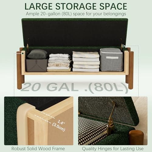 Quenvo Modern Storage Benches with Walnut Wood Legs, 47'' Ottoman Bench with 20 Gallons Storage Space for Bedroom End of Bed, Fabric Upholstered Entryway Bench with Seating for Livingroom, Green 6