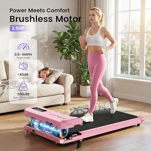 Pink Small Walking Pad Treadmill with Incline - Under Desk Treadmill with Vibration Massage Plate, 2.5HP Compact Portable Treadmills for Home Small Spaces, Office, Remote Control & LED Display 5