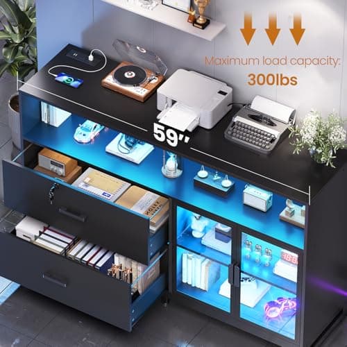SEDETA 59" File Cabinet, 2 Drawers Filing Cabinets for Home Office fit Legal/Letter/A4 File, File Cabinet with Lock & Power Outlets, Printer Stand with Storage & LED Lights, Black 7