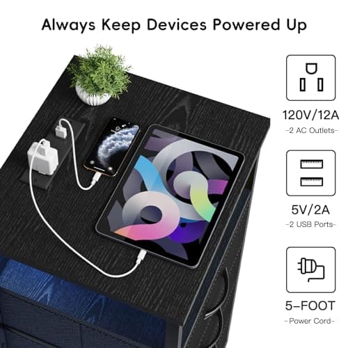 Fixwal Night Stand with Charging Station, LED Nightstand with U-S-B Ports and Outlets, 3 Fabric Storage Drawers with PU Finish, Bedside Table, Black 5