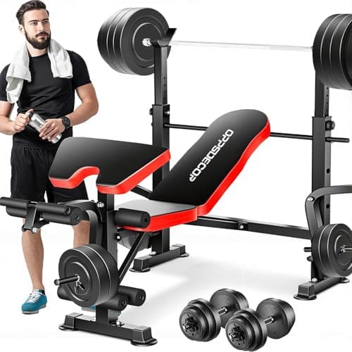 OPPSDECOR 6 in 1 900LBS Weight Bench with Leg Extension and Leg Curl, Foldable Bench Press Set and Squat Barbell Rack with Preacher Curl, Adjustable Workout Bench for Home Gym Strength Training PXZXYX1 (Red)