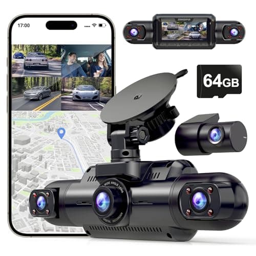 4-Channel Dash Cam Front and Rear Inside Left Right 360 View, Dash Camera for Cars with GPS WiFi, Free 64GB Micro SD Card, FHD 1080P, Compact Design
