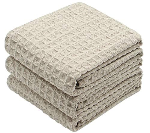 VeraSong Waffle Weave Absorbent Kitchen Dish Towels - Thick Microfiber 16Inch x 24Inch 3 Pack Khaki