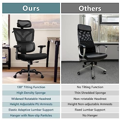 Winrise Office Chair Ergonomic Desk Chair, High Back Gaming Chair, Big and Tall Reclining Comfy Home Office Chair Lumbar Support Breathable Mesh Computer Chair Adjustable Armrests (Black) 6