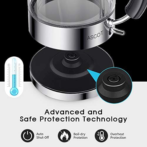 ASCOT Electric Kettle, Glass Electric Tea Kettle Gifts for Men/Women/Family 1.6L 1500W Borosilicate Glass Tea Heater, with Auto Shut-Off and Boil-Dry Protection (Silver) 5