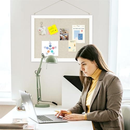 AMUSIGHT 2-Pack Double-Sided Cork Board with Linen, 16" x 12" Hanging Wood Framed Bulletin Board, Picture Display Vision Board Kit Corkboards for Wall School Office Decor, 20 Pushpins (Vintage White) 8