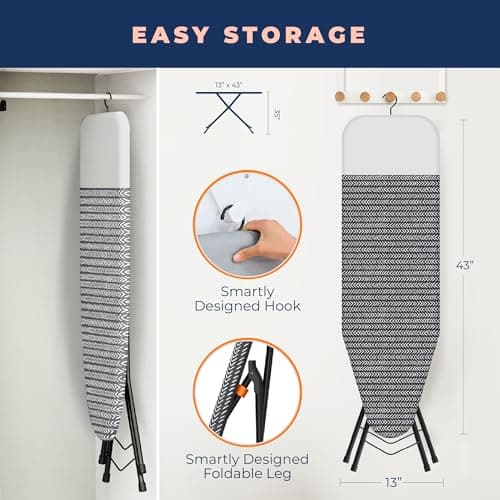 Happhom Ironing Board, Compact and Space Saver Iron Board, Safety Ironing with Park Zone and 4 Layers Extra Thick Cover, Patented Lock System for Foldable Leg, Easy Storage with Smart Hanger (13x43) 6