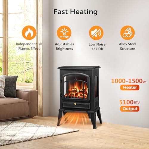 22" Electric Fireplace Heater,Freestanding Fireplace Stove with Realistic Flames,1000/1500W Fireplace Heater with Overheating Protection,Adjustable Flame Brightness(Black) 6