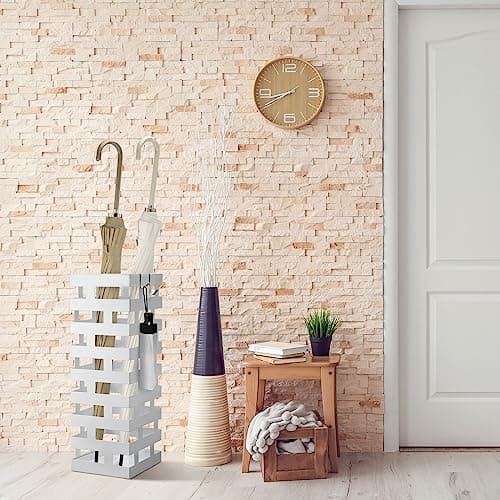 Tudomro Umbrella Stands for Entryway Large Metal Umbrella Holder 6.3 x 5.5 x 16.5 Inches with Removable Water Tray and Hooks Decor Freestanding Rectangular Storage Hollow Rack for Home Office (White) 5