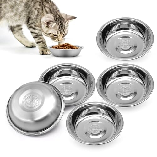 MicoSim Stainless Steel Cat Bowl-Shallow Wide Flat Cats Food Bowls,Metal Kitten Dishes Whisker Friendly Fatigue Relief,Replacement Basic Kitty Plates for Elevated Stand,Dishwasher Safe（Set of 5）