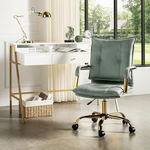 HULALA HOME Faux Leather Home Office Desk Chair, Adjustable Swivel Computer Chair with Golden Legs and Arms, Comfy Upholstered Task Chair, Sage