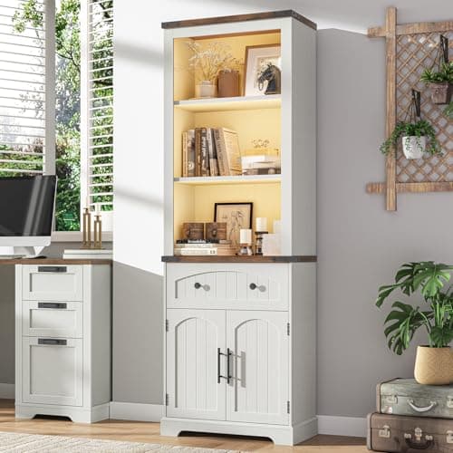 Vabches Farmhouse Bookshelf with Storage Cabinet, 70" Tall Bookcase with Adjustable Shelves and Drawers, 3 Tier Wood Display Storage Cabinet with Doors for Home Office, Living Room, Rustic White
