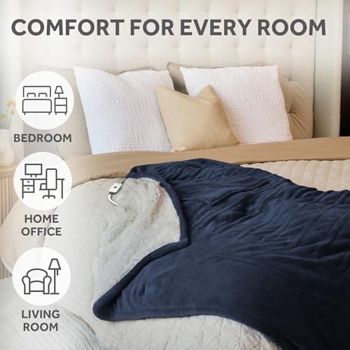 Sunbeam Royal Mink Sherpa Admiral Blue Heated Personal Throw / Blanket, Cozy-Warm, Adjustable Heat Settings 5